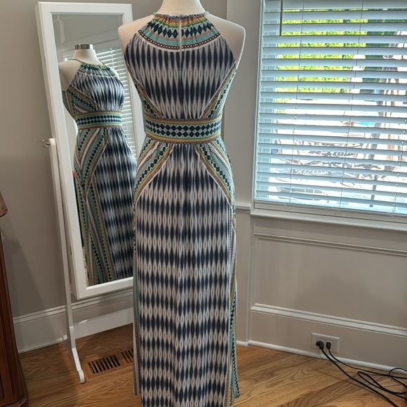 London Times Blue and White Halter Sheath Maxi Dress - Picture 5 of 8